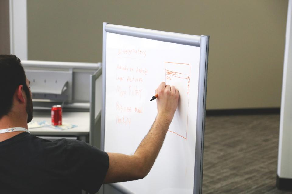 Mann skizziert Ideen auf einem Whiteboard